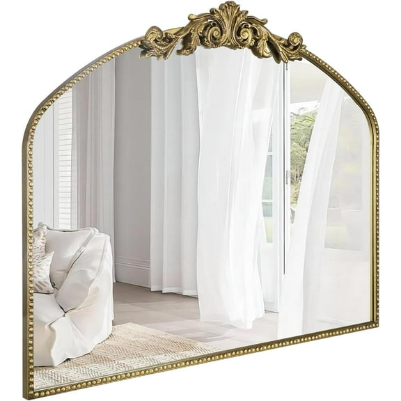 Vintage Gold Arched Mirror 40"X31", Antique Baroque Mantel Wall Mirror with Ornate Metal Frame for Entryway/Fireplace/Living Room/Hallway/Bathroom/Bedroom