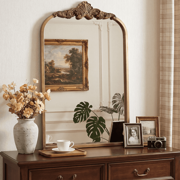 Vintage Gold Arched Mirror 19 x  30.5", Antique Metal Framed Wall Mirror for Bathroom, Entryway, Bedroom, French Country Vanity Decor