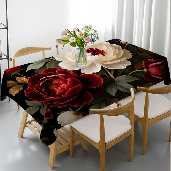 Vintage Gold Burgundy Flowers Leaves Rectangular Tablecloth, Holiday Party Tablecloth - 2D Flat Printing Tablecloths for dining table, Cafe, dinner,picnic, wedding, party