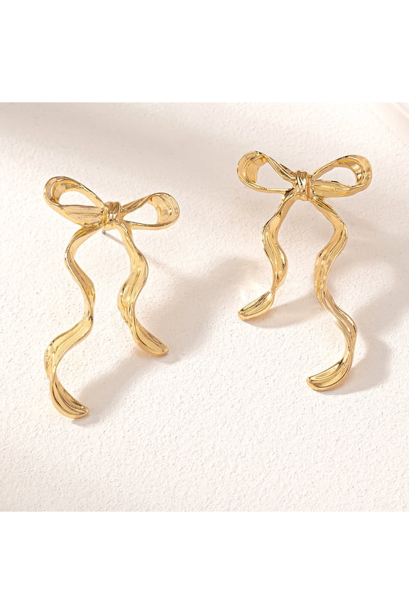 Vintage Gold Color Bow Bowknot Long Tassel Drop 14K Yellow Gold Earrings for Women Classic Hanging Piercing Earrings Wed Jewelry Gift