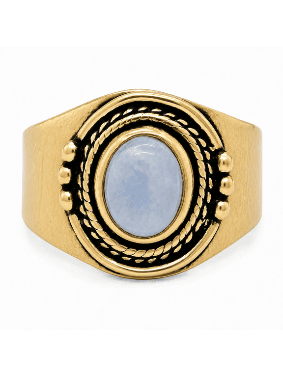 Vintage Gold Color Brass Oval Blue Stone Ring Unisex Boho Statement Ring