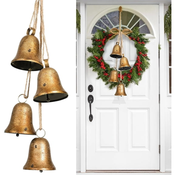 Vintage Gold Cow Bells for Christmas, Set of 4 Antique Brass Rustic Hanging Bells with Jute Rope for Holiday Decor, Tree, Staircase, Door