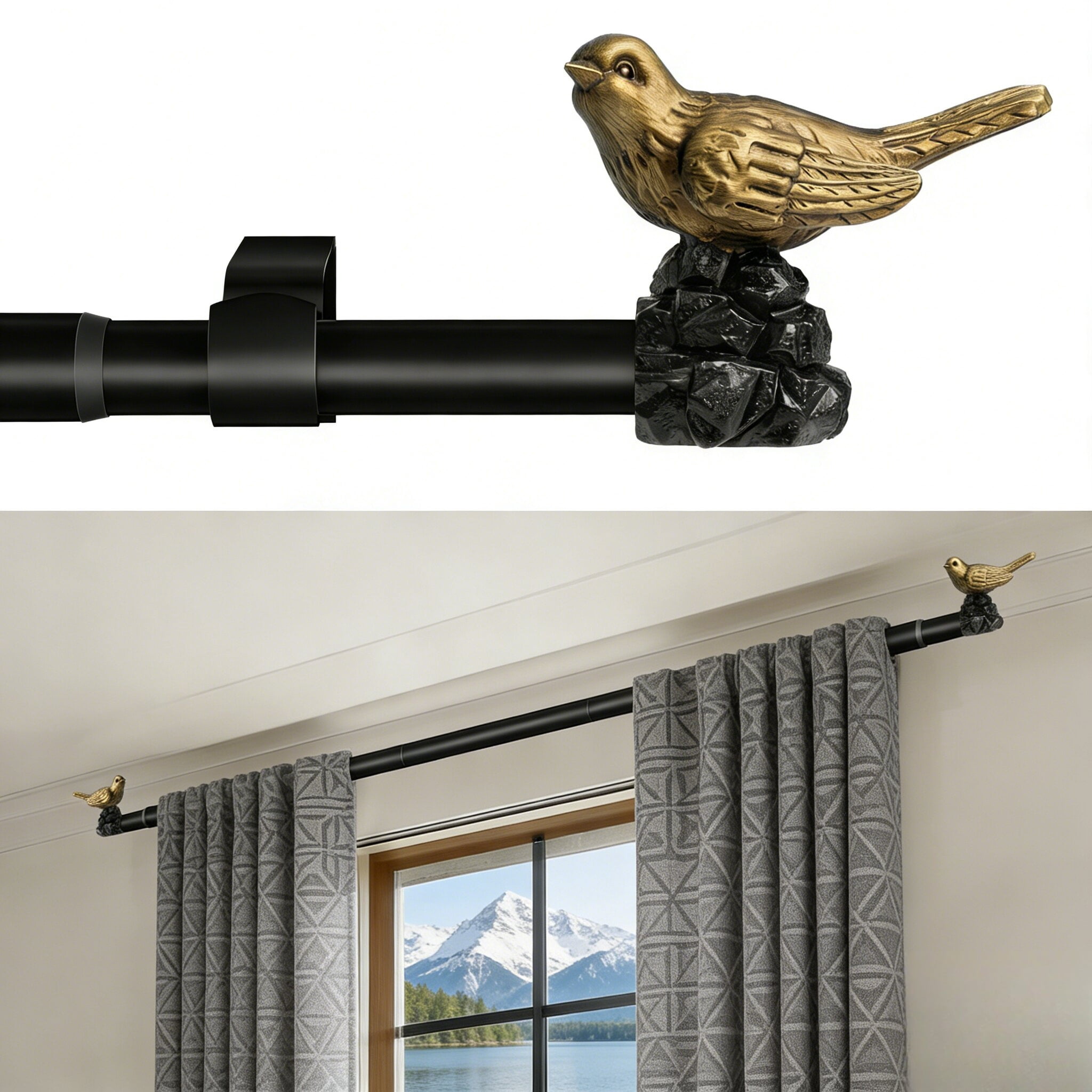 Vintage Gold Curtain Rod 36 to 120 Inches Curtain Rods for Windows Adjustable Heavy Duty Drapery Rod with Bird Finials for Living Room Bedroom