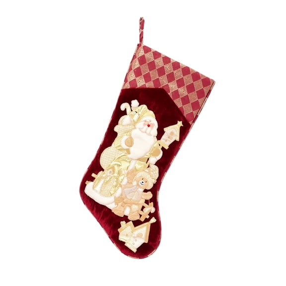 Vintage Gold Embroidered Christmas Stocking, Santa Velvet Hanging Sock with Brocade Cuff for Fireplace Mantel & Tree Decor