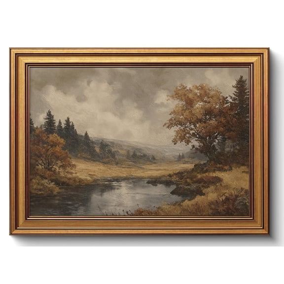 Vintage Gold Fall Forest Lake Landscape Wall Art, Coastal Living Room And Gallery Wall Decor