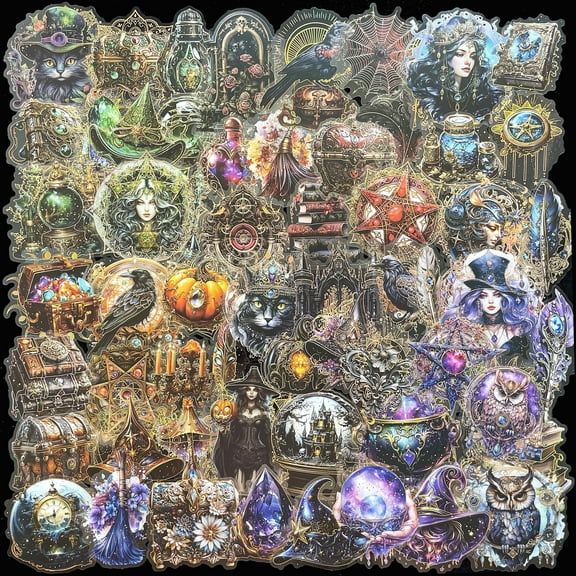 60 PCS Holographic Gold Foil Gothic Witch Stickers – Clear Dark Magic Astrology Scrapbook Stickers for Journaling, Wicca, Planner, Witchcore Aesthetic, Vintage Book & Crystal Cat