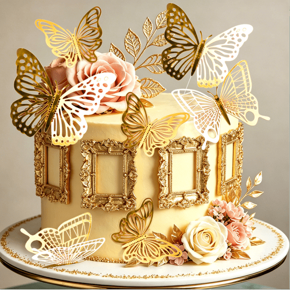 Solution Time Frame Vintage Gold Frame and Butterfly Cake Decoration Set - Elegant Party ...