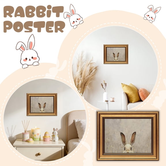 Vintage Gold Framed Wall Art Bunny canvas wall decor Easter Bunny Painting Prints Funny Rabbit Ears Picture Poster Retro Animals Artwork for Easter Decor Kids Room Home Living Bedroom