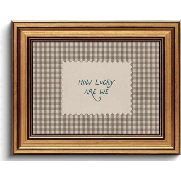 Vintage Gold Framed Wall Art How Lucky Are We Wall Decor Gingham Canvas Art Inspirational Pictures Painting Quotes Artwork Prints For Livingroom Classroom