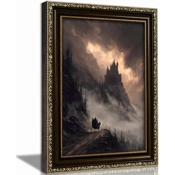 Vintage Gold Gothic Castle Wall Art, Retro Moody Carriage Forest Landscap, Living Room And Gallery Wall Decor
