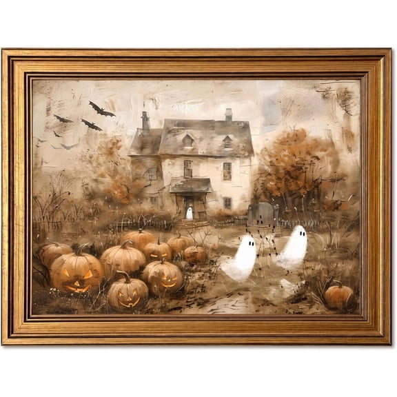Vintage Gold Halloween Wall Art, Cute Ghost Fall Pumpkins Pictures, Seasonal Entryway And Gallery Wall Decor