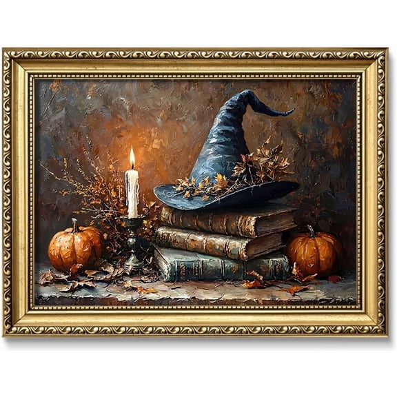 Vintage Gold Halloween Wall Art, Gothic Spooky Witch Hat Wall Deco, Seasonal Living Room And Home Decor