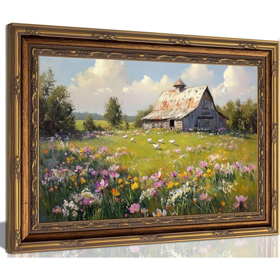 Vintage Gold Landscape Rustic Farmhouse Cottage Rural View Pictu Wall Art, Living Room And Gallery Wall Decor