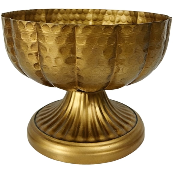 Vintage Gold Metal Compote Bowl, Sturdy Iron Accent Decor with Hammered 7.9 in Wide Mouth, Versatile Fruit Platter Centerpiece, 6.3 in Tall Gold Compote Vase for Indoor Outdoor Home Decor