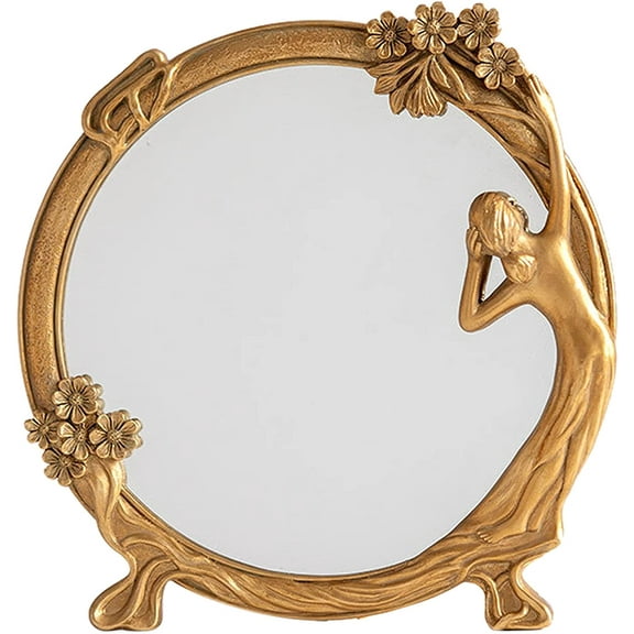 Vintage Gold Mirror Wall Decor - Small Vanity Mirrors, Antique Decorative for Desk Room, Frame Arched Victorian Decoration for Home Table, Standing Framed Art Gift for Furniture Living Bedroom, Oval