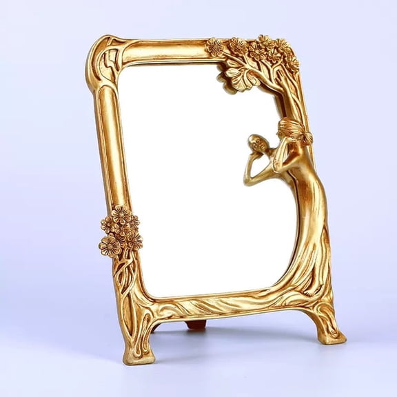 Vintage Gold Mirror Wall Decor - Small Vanity Mirrors, Antique Decorative for Desk Room, Frame Arched Victorian Decoration for Home Table, Standing Framed Gift for Furniture Living Bedroom, Rectangle