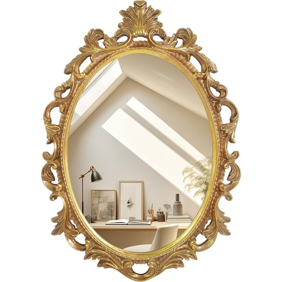 Vintage Gold Mirror for Wall, Antique Oval Mirror with Scroll Design for Entryways Living Room Bedroom, 18 x 24 Inch