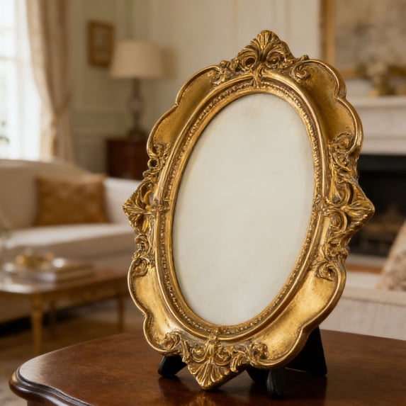 Vintage Gold Ornate Oval Photo Frame, European Baroque Resin Picture Frame with Embossed Design, 4-Inch Small Tabletop Frame for Home Decor, Gift for Wedding, Anniversary, Housewarming