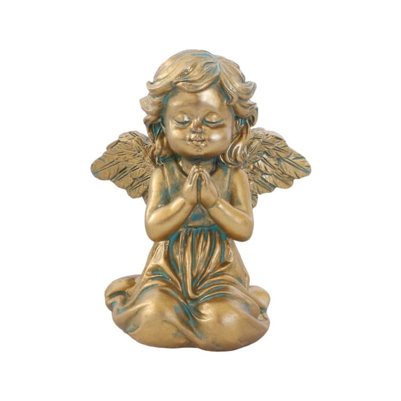 Vintage Gold Praying Figurine, Resin Winged Angel Statue with Folded Hands, Copper-Gold Turquoise Patina, Indoor Home Shelf Garden Planter Office Desk Decor, 7.8cm