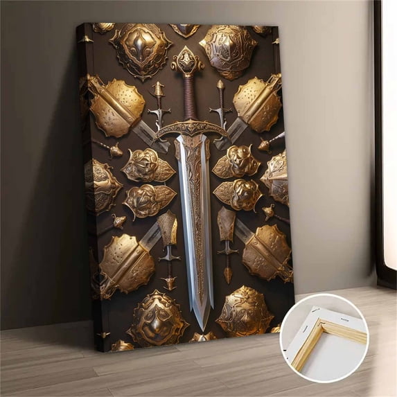 Vintage Gold Sword And Shield Canvas Wall Art