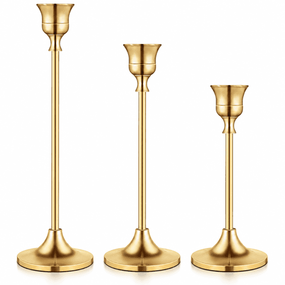 Vintage Gold Taper Candle Holders Set of 3, Aluminum Alloy Candlesticks in Assorted Heights for Dining Table and Mantel Decor