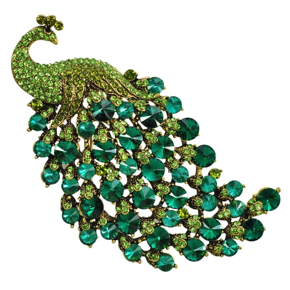 Gyn&Joy Peacock Bird Animal Green Peridot Emerald Colored, Rhinestone Crystal Vintage Pins & Brooches, Gold Tone