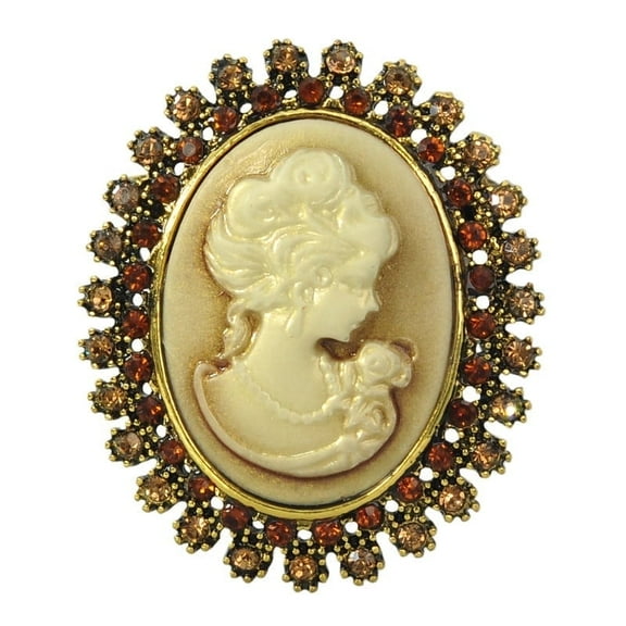 Gyn&Joy Cameo Topaz Colored, Rhinestones Lady Brooch Pin, Gold Tone