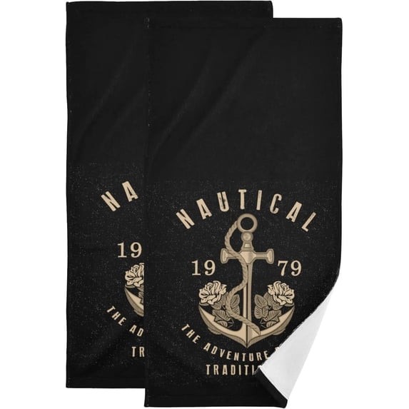 Vintage Golden Anchor Hand Towels 2 PCS, Summer Kitchen Towel Ultra Soft and Highly Absorbent,Decorative Fingertip Face Towel for Bathroom Hotel, 28.3"x14.4"