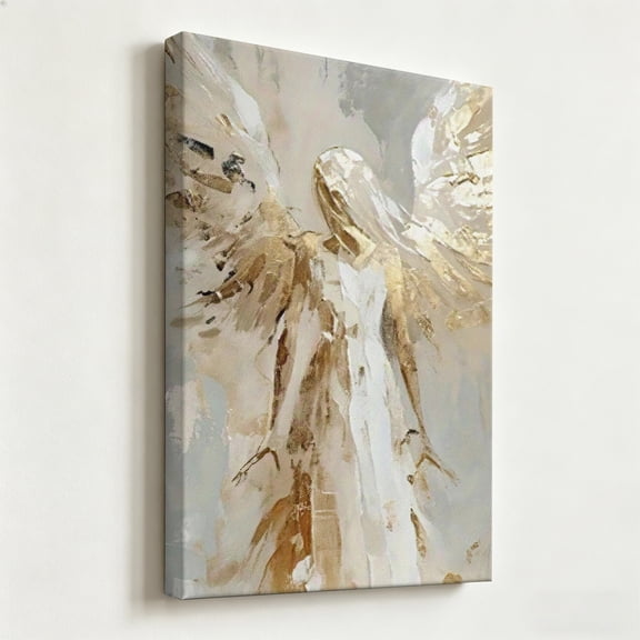 Vintage Golden Angel Canvas Wall Art - Impressionist Guardian Angel Oil Painting Print - Matte Finish Gallery Wrapped Divine Spiritual Decor Ready to Hang 24*36