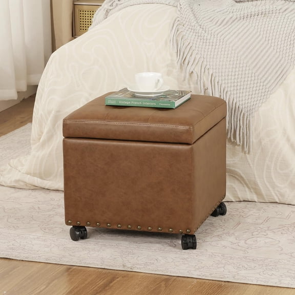 Vintage Golden Brown Leather Storage Ottoman with 360 Caster Wheels and Decorative Tacks, 330 lb Capacity