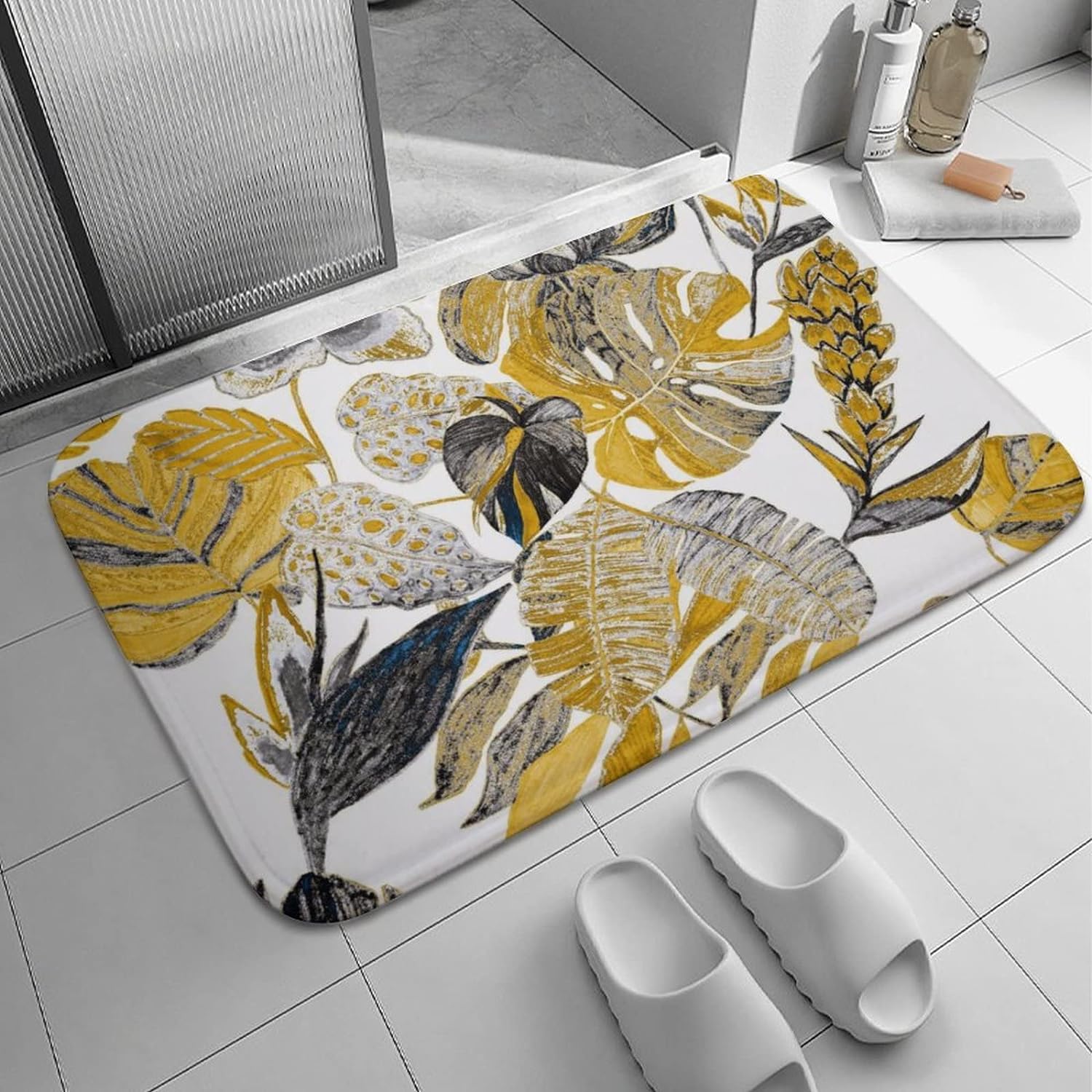 Vintage Golden Tropical Monstera Leaf Bath Rugs Absorbent Non Slip Door