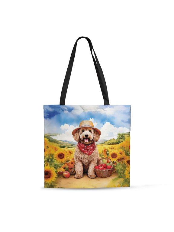 Vintage Goldendoodle Says Hello Mother's Day Summer Sunflower Field All Over Print 3D Canvas Tote Bag Doodle Dog Lover Gifts Idea Reusable Handbag - 12005