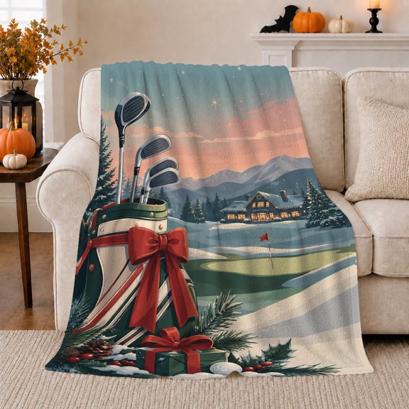 Vintage Golf Bag Red Bow Snowy Cabin Winter, Festive Holiday Scene, Warm Flannel Blanket for Clubhouse and Game Room, Art Lovers person's Day Gift, Artistic Home Decor