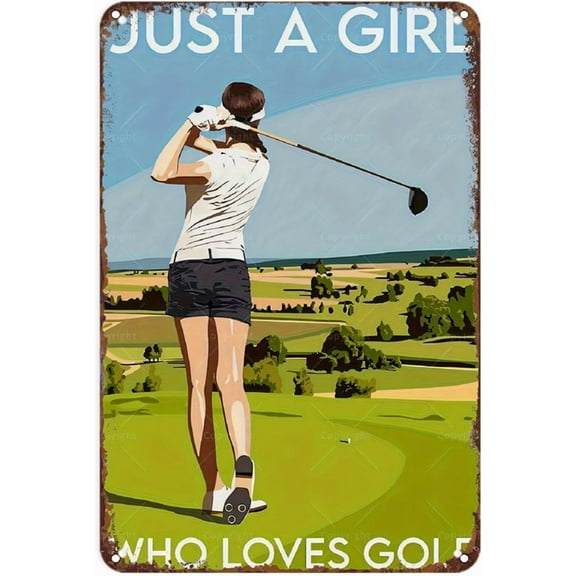 Vintage Golf Girl Metal Poster 8x12 Inch Tin Sign Wall Art Decor for Home Bedroom Office Man Cave Sports Bar Golf Lover Gift Retro Golf Course Landscape Swing Illustration Just A Girl Who Loves Golf