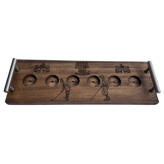 Golf-Themed 16" x 5.5" Rustic Pine Wood Shot Glass Flight Tasting Board  6 Recessed 1.5" Holes, Stainless Steel Rails, and Bourbon Recipe QR Code