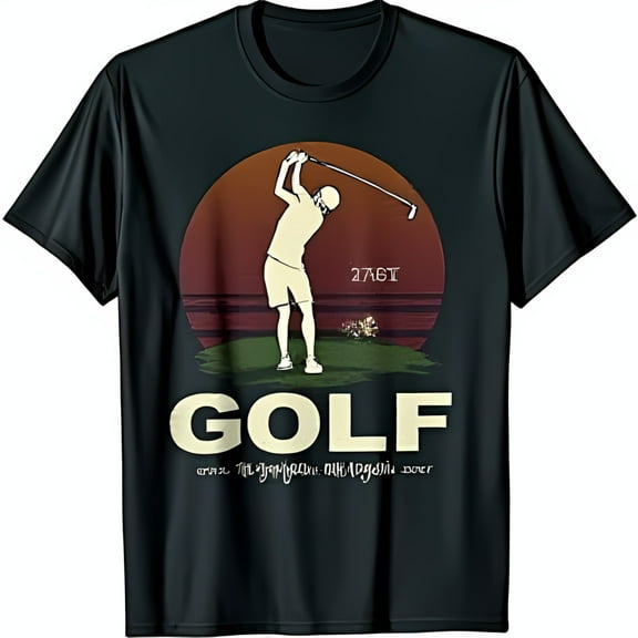 Vintage Golfer Swinging T-Shirt Black Tee with Sunset Design & GOLF Print