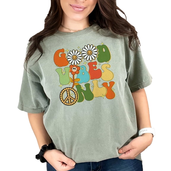 Vintage Good Only Graphic T-Shirt, Retro Flower Power Peace Sign Tee, Positive Message Shirt, 70s Inspired Groovy Top, Moss Comfort Colors T-Shirt, XL