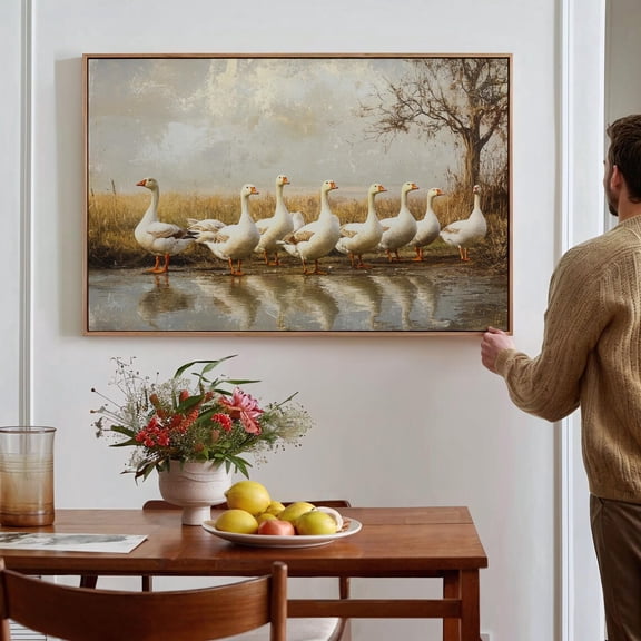 Vintage Goose Farm Print, Rustic Barnyard, Country Decor, Antique Wildlife Painting, Cottagecore Animal Illustration Wall Art, Modern Wall Decor, 12x18 UNFRAMED