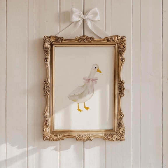 Vintage Goose Nursery Poster Neutral Wall Art Poster For Baby Girl Room Coquette Pink Bow Duck Decor UNFRAMED