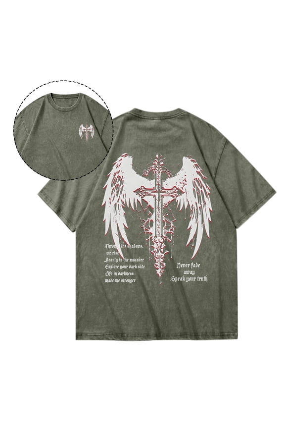 Vintage Goth Punk Shirts for Women Grunge Streetwear Oversized Tshirts Y2k Graphic Tees Acid Wash Tops,Army Green,S