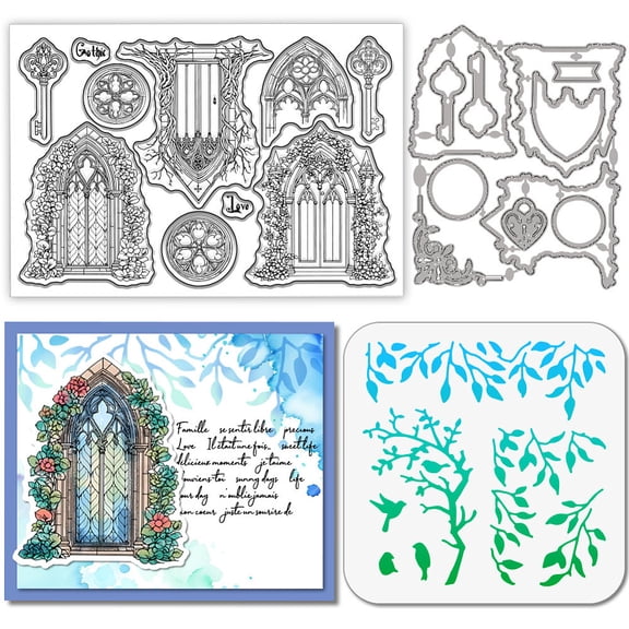 Vintage Gothic Architecture Clear Silicone Stamp Metal Window Door Frame Cutting Die Cuts Layering Branches Leaves Paint Craft