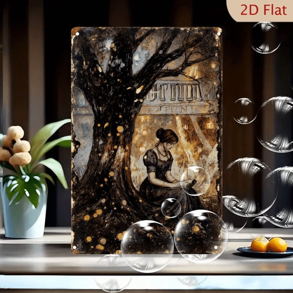 Vintage Gothic Art Print 8x12in Metal Wall Decor, Moody Victorian Woman Reading Under Ancient Tree with Magical Lights and Temple, Dark Antique Style for Home Office Study
