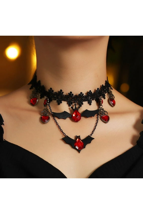 Vintage Gothic Bat Lace Choker with Red Rhinestone Tassel Pendant Halloween Carnival Party Necklace Clavicle Jewelry