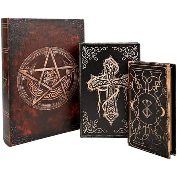 Vintage Gothic Book Box Set, 3 Decorative Faux Leather Storage Boxes with Hidden Compartments, Antique Style Book-Shaped Organizers, Black and Bronze, 13/10.3/8.2 Inch$$Home Decor, Kitchen, & Other