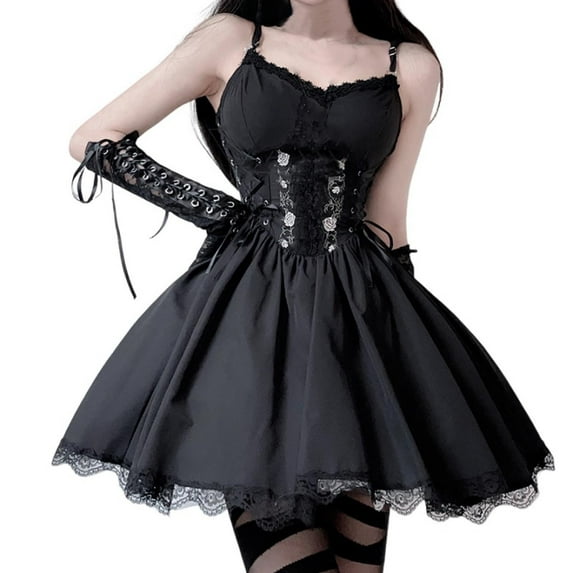 Vintage Gothic Corset Dress for Women Spaghetti Straps Punk Grunge Emo Dress Goth Alt Witchy Fairy Halloween Costume