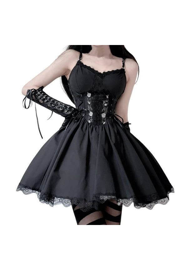 Vintage Gothic Corset Dress for Women Spaghetti Straps Punk Grunge Emo Dress Goth Alt Witchy Fairy Halloween Costume
