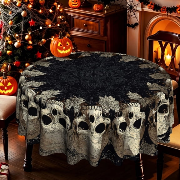 Vintage Gothic Creepy Skull 2D Print Round Tablecloth, Versatile Table Cover for Kitchen Dining Backyard Patio Halloween Party Decor