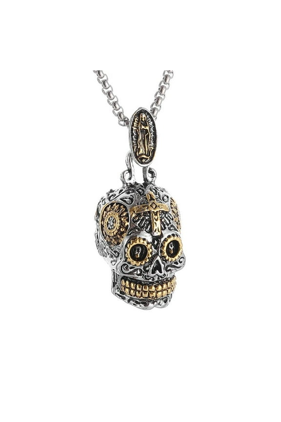 Vintage Gothic Cross Mechanical Skull 14K White Gold Pendant Necklace for Men and Women Personality Hip Hop Trend Party Halloween Jewelry Gift