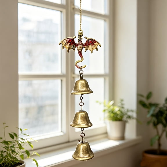 Vintage Gothic Dragon Wind Chime, Metal Three Bell Hanging Decor for Window Porch Balcony Indoor Outdoor Home Decor, 15 x 5.1 in, 1 Pc