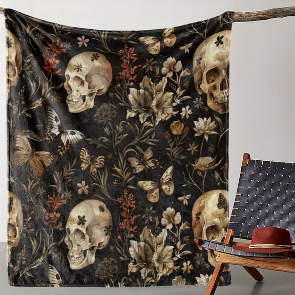 Vintage Gothic Floral Skull Pattern Throw Blanket – All-Season Flannel Fleece, Soft, Cozy, Warm – Ideal for Sofa, Bed, Camping, Travel, Office – Digital Print, Knitted